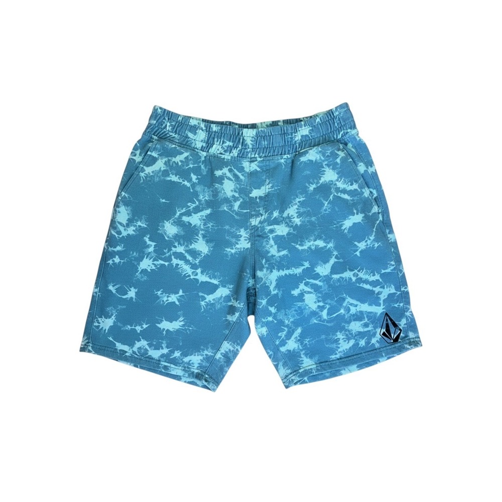 Volcom Mens Teal Acid Wash Tie Dye Fleece Shorts Elastic Waist Logo Size Large